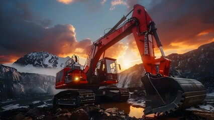 Futuristic Mining Technology: Electric Excavator in Open-Pit Quarry at Sunset. Concept Mining Technology, Electric Excavator, Open-Pit Quarry, Sunset, Futuristic Technology