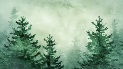 A misty forest with green pine trees.