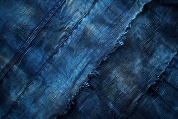 Textured blue denim fabric with frayed edges