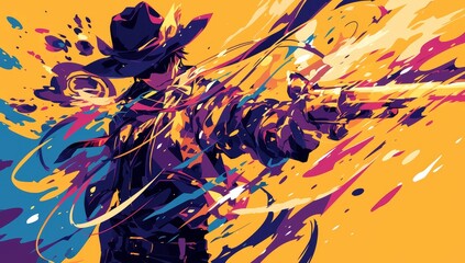 Anime character, featuring bold brushstrokes and vibrant colors, dressed as a cowboy with elements, set against a colorful background with dynamic lines and shapes. 