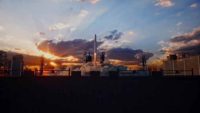 Launch Pad Complex, Successful Rocket Launching With Crew On A Space Exploration Mission. Flying Spaceship Blasts Flames And Smoke On A Take-Off. Humanity In Space, Sunset Time
