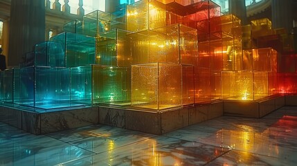   A collection of glass cubes rests atop a floor Behind them stands a tall building, its clock tower distinguishing the skyline