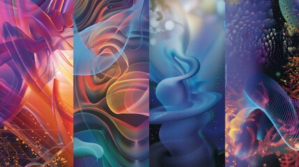 Colorful abstract paintings with octopus theme on black and white background, vibrant and unique underwater art collection