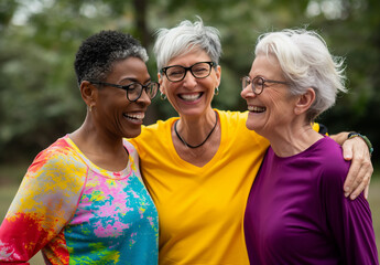 three middle aged diverse ladies laughing enjoying in park after a run