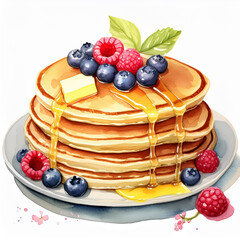 Watercolor painting of stack of pancakes with berries. Tasty food. Delicious snack. Hand drawn art