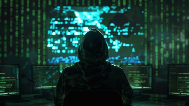A cyber operator monitors a command center with a backdrop of digital code, symbolizing surveillance and control in a high-tech security environment.
