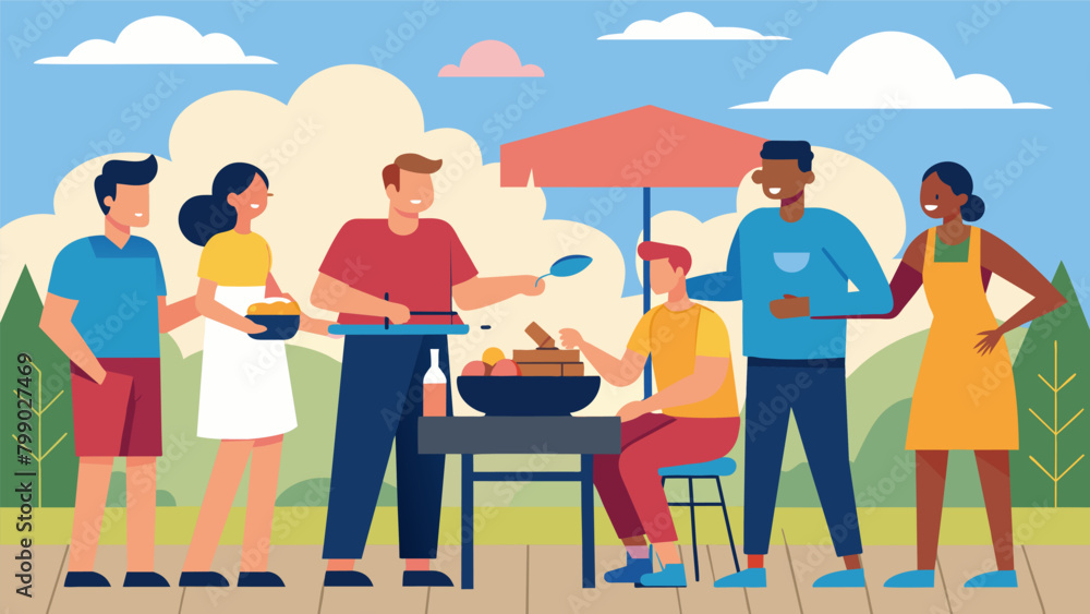 Poster on a sunny patio a group of friends learn the art of barbecuing ribs and brisket passing on the tech