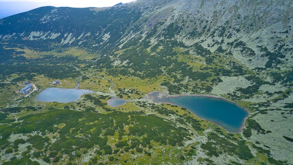 Mountain lakes from a drone aerial photography. The highest peak Musala in the Balkans in Bulgaria, height 2925 meters. Mountain lakes, mountain huts and the spirit of travel