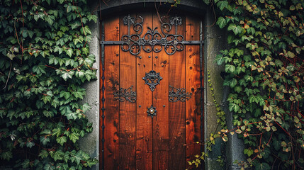 A rustic wooden door adorned with intricate ironwork and ivy.