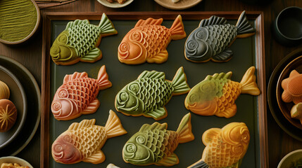 Assorted colorful fish-shaped desserts neatly arranged on a tray, representing traditional Asian sweets