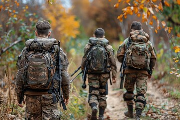 Obraz premium Group of Soldiers Walking Down a Trail