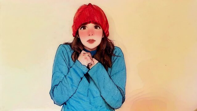 woman feeling cold, shivering motion, Pencil Sketch Animation, 4K