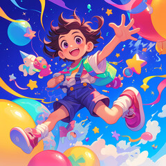 Young Anime Character Embraces Life with a Jubilant Leap into a World of Colorful Balloons and Stars