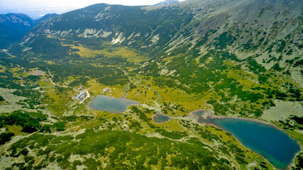 Mountain lakes from a drone aerial photography. The highest peak Musala in the Balkans in Bulgaria,...
