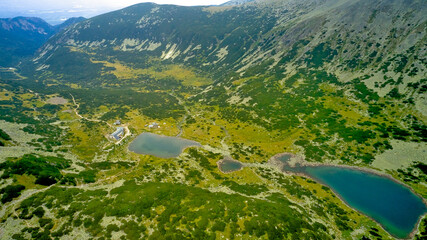 Mountain lakes from a drone aerial photography. The highest peak Musala in the Balkans in Bulgaria, height 2925 meters. Mountain lakes, mountain huts and the spirit of travel