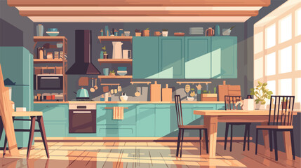 Modern kitchen interior in loft style. Colorful fla