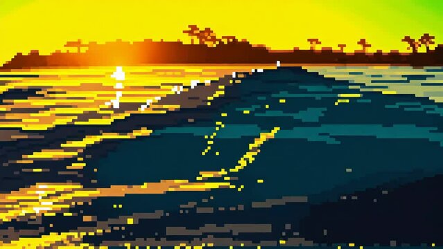 Golden Sunset Over Pixelated Waters - golden hues reflecting off ocean, 4K animation pixel art