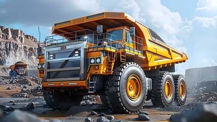 Mining dump truck loading coal at open-pit mine for mineral extraction in yellow hue. Concept Mining, Dump Truck, Coal Extraction, Open-Pit Mine, Mineral Extraction