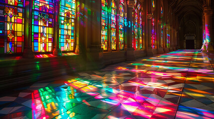 A row of stained glass windows casting colorful patterns on the floor.