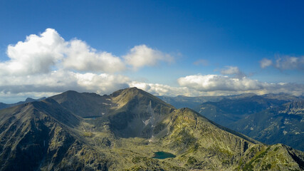 Mountain lakes from a drone aerial photography. The highest peak Musala in the Balkans in Bulgaria, height 2925 meters. Mountain lakes, mountain huts and the spirit of travel