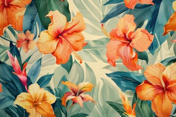 Tropical Flowers and Leaves Seamless Pattern on Beige Background, Botanical Illustration for Textile Design and Wallpaper