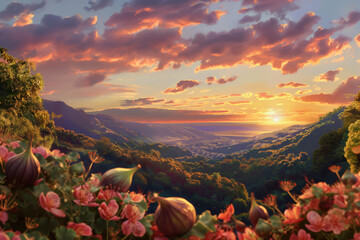 landscape with dreamful sunset over green hills and mountains in the background, green valley, pink blossoms and fruits in the foreground, golden hour, illustration // ai-generated 