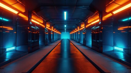 A modern tunnel at night, empty, symmetry, blue and orange color grade.