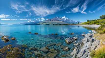 Scenic lake nestled amidst majestic mountains under a clear blue sky Thailand, New Zealand Nature, tourism, beaches, clouds, azure, cliffs, lush greenery