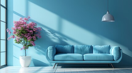   A blue couch situated in a living room, adjacent to a white vase holding purple flowers, and a light blue wall