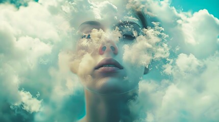 A surrealistic portrait of a person with their head in the clouds, symbolizing imagination 
