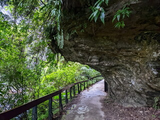 Taroko, Taiwan - 11.26.2022: Empty Shakadang Trail goes through a cliff along trees with Liwu River in a mist during the pandemic before 403 earthquake on a rainy day