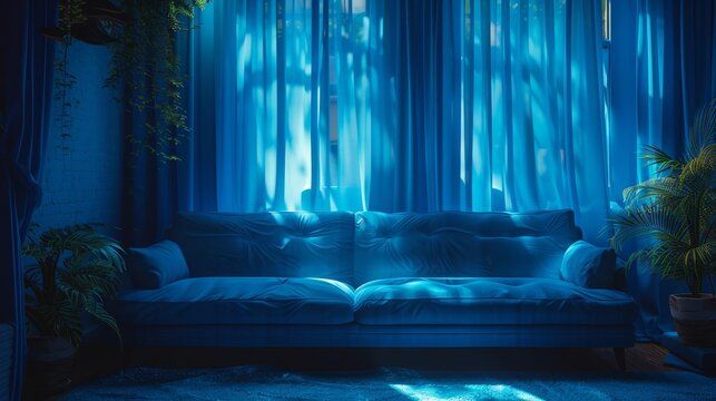   A blue couch faces a window, adorned with blue curtains A potted plant stands before it