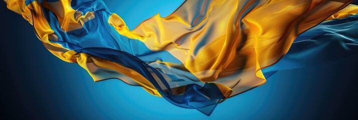 horizontal banner, celebration of Sweden's National Day, Swedish Flag Day background, abstract background, silk fabric texture in flight, copy space, free space for text