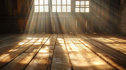 Sunlight filtering through dusty windows onto weathered wooden floorboards.