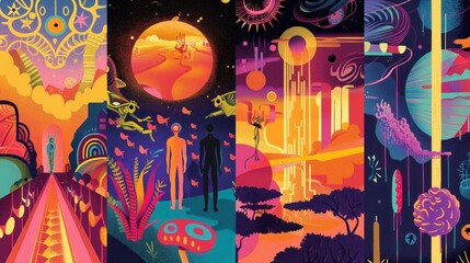 Colorful posters featuring various types of art, including man and woman in space suits