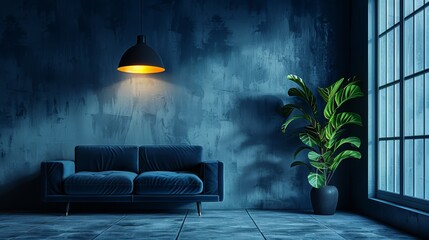   A livable space featuring a couch and a potted plant by a window with a blue backdrop wall