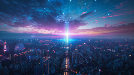 Wireless power transmission tower lighting up a futuristic city 
