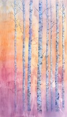 A watercolor painting of a forest of birch trees in the fall