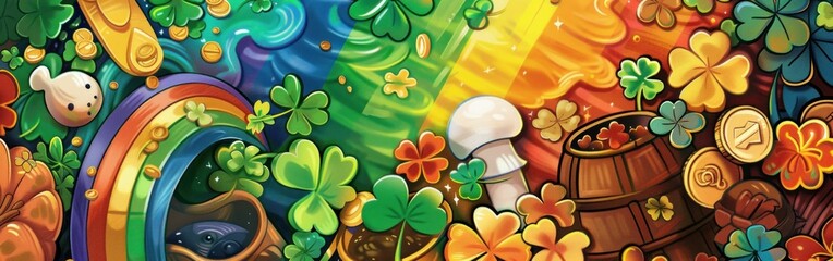 Beautiful painting of a rainbow, pot of gold, and pot of shamrocks, symbolizing luck and good fortune in a colorful display
