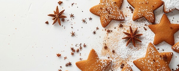 top view of star-shaped cookies with dusted floor on a white background, Christmas