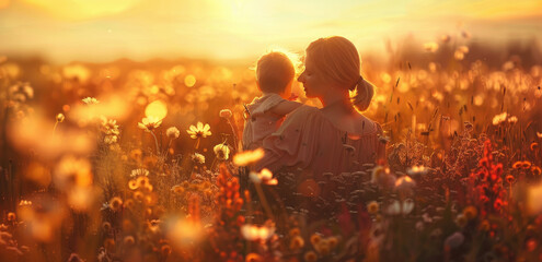 A mother and her child, both wearing light colored , stand in the middle of an open field filled with daisies under the golden sunset glow