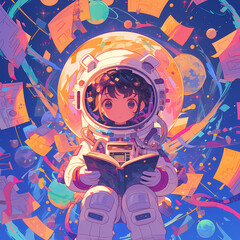 An Anime Astronaut Engrossed in a Space Exploration Book