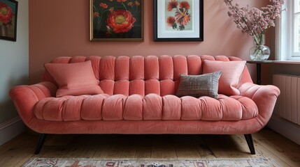   A pink couch faces a window Next to it, a vase holds flowers A painting adorns the wall behind