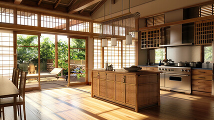 A Japanese-inspired kitchen with sliding shoji screens and bamboo accents.