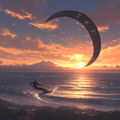 Exhilarating Kite Surfer Embraces Ocean at Golden Sunrise