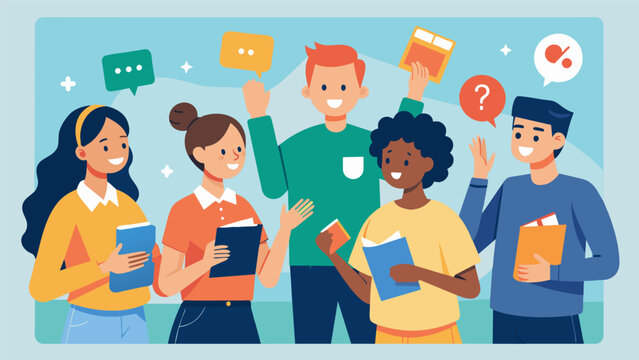 During a language lesson at a language school students use a combination of flashcards songs and hand gestures to learn new vocabulary and practice. Vector illustration