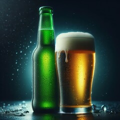 Green beer bottle with drops of condensation, next to a glass full of beer on a dark gradient background, Generative Ai.
