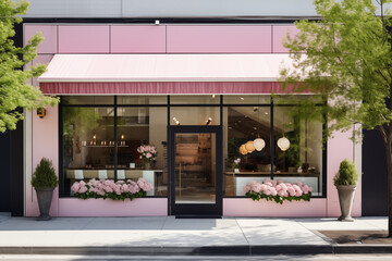  Modern storefront with pink awning and flower planters in urban setting