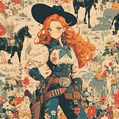 Vibrant Cowgirl Wallpaper: Anime Heroine Stylishly Embraces Western Wilderness with Sassy Glamour
