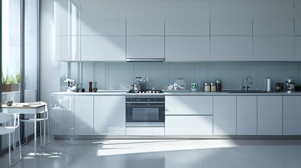 A minimalist kitchen featuring sleek white cabinets and a glass backsplash.